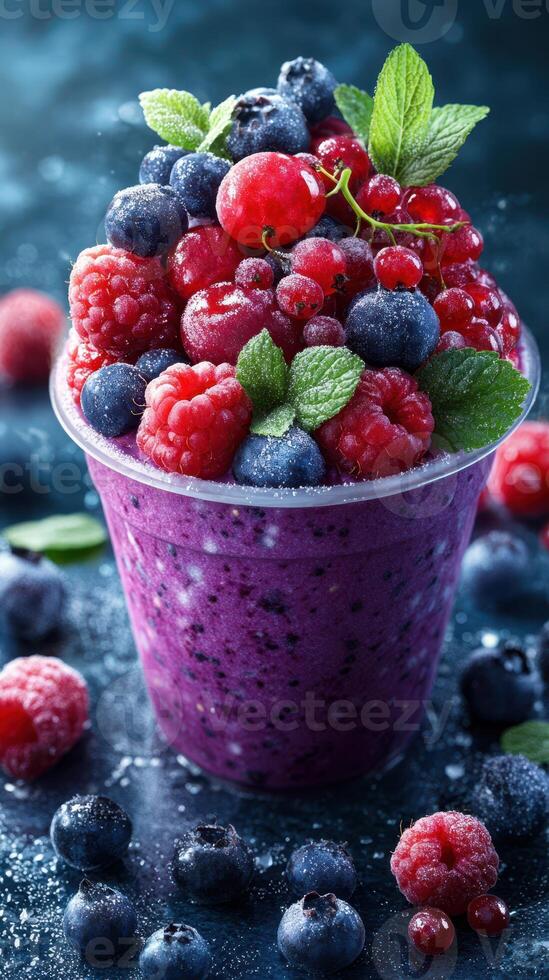 Colorful berry smoothie topped with fresh fruits and mint served in a clear cup on a textured surface photo