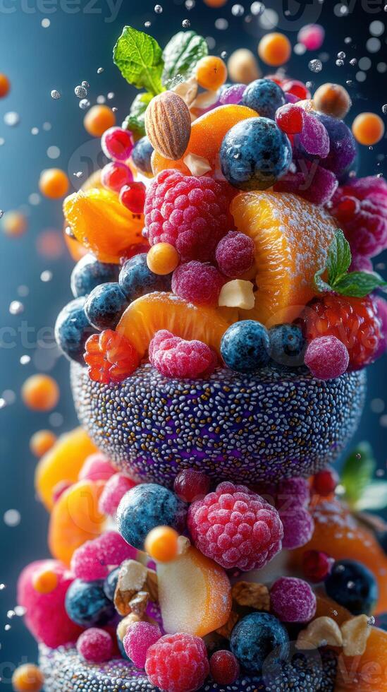 Colorful fruit tower with berries and citrus displayed on a dark background photo