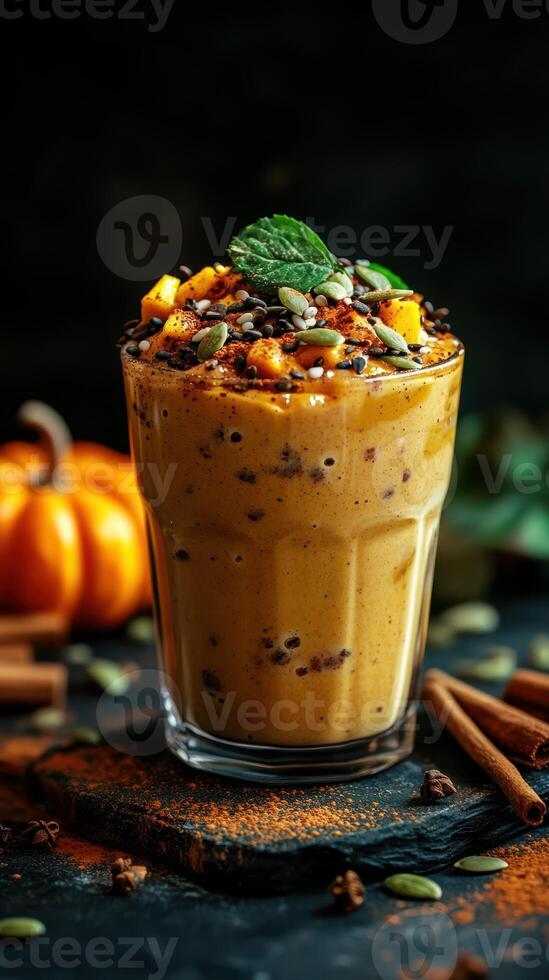 Creamy pumpkin smoothie topped with nuts and spices, served in a glass with seasonal decorations during autumn photo