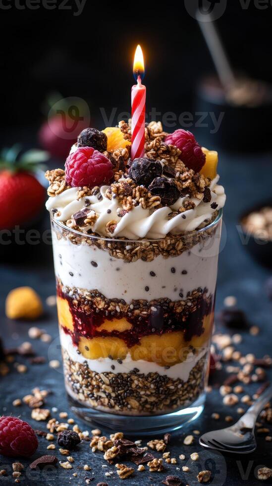 Delicious dessert with layers of yogurt, fruits, and granola topped with a birthday candle in a festive setup photo