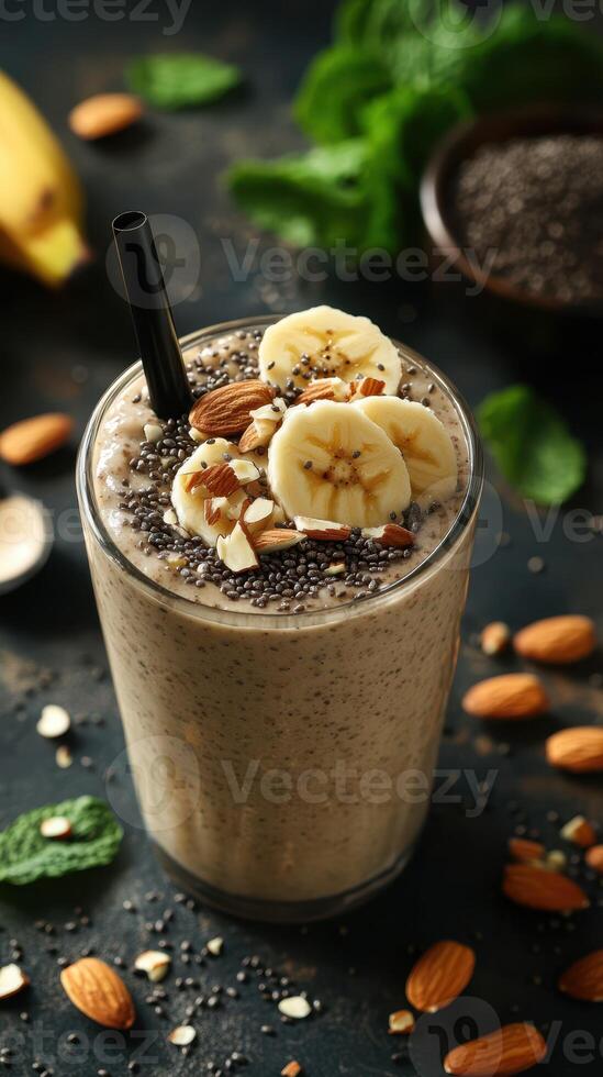 Delicious banana smoothie with nuts and seeds creates a nutritious snack or breakfast option photo