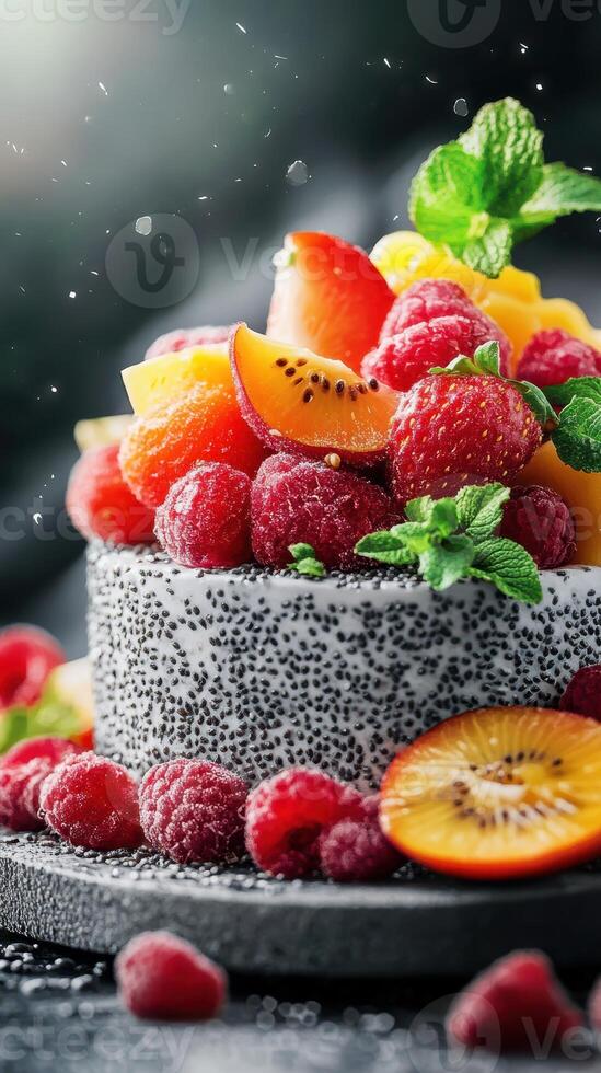 Fresh fruit cake with strawberries and mint on a dark background featuring vibrant colors and textures photo