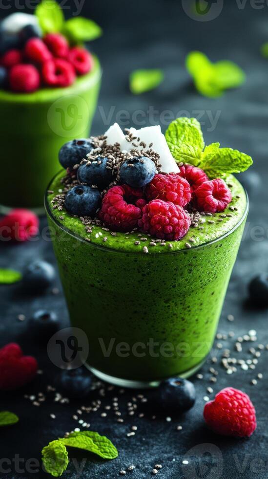 Fresh green smoothie topped with berries and mint on a dark textured surface photo