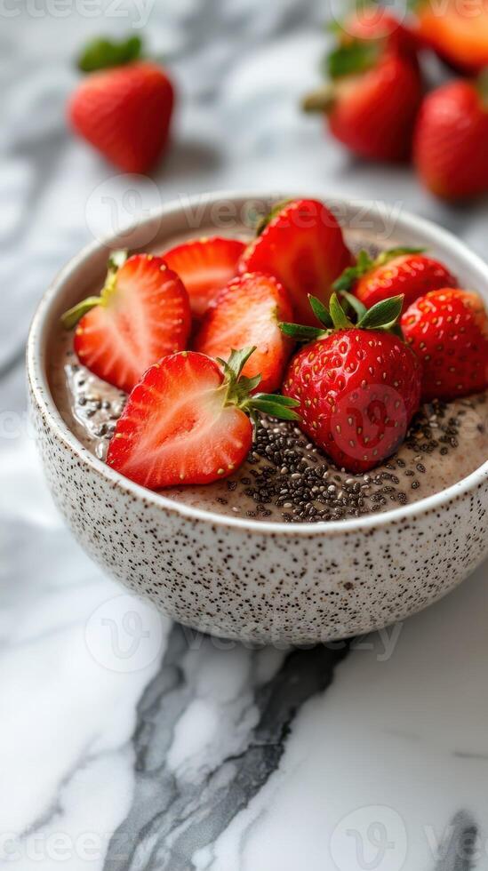 Delicious bowl of chia seed pudding topped with fresh strawberries on a marble surface photo