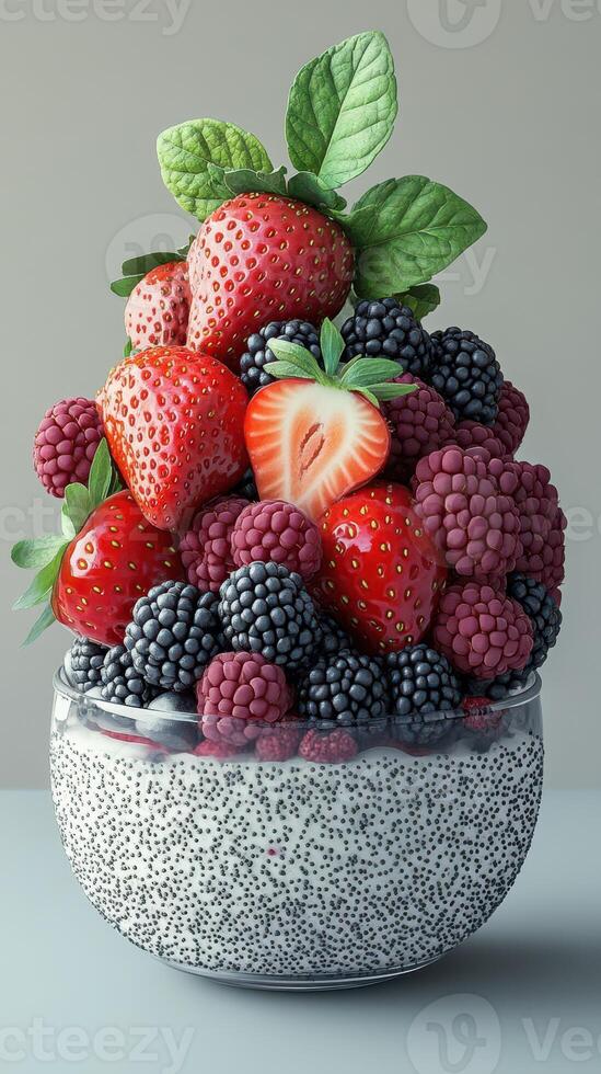 Berry bowl filled with vibrant strawberries, blackberries, and raspberries creating a colorful dessert display photo