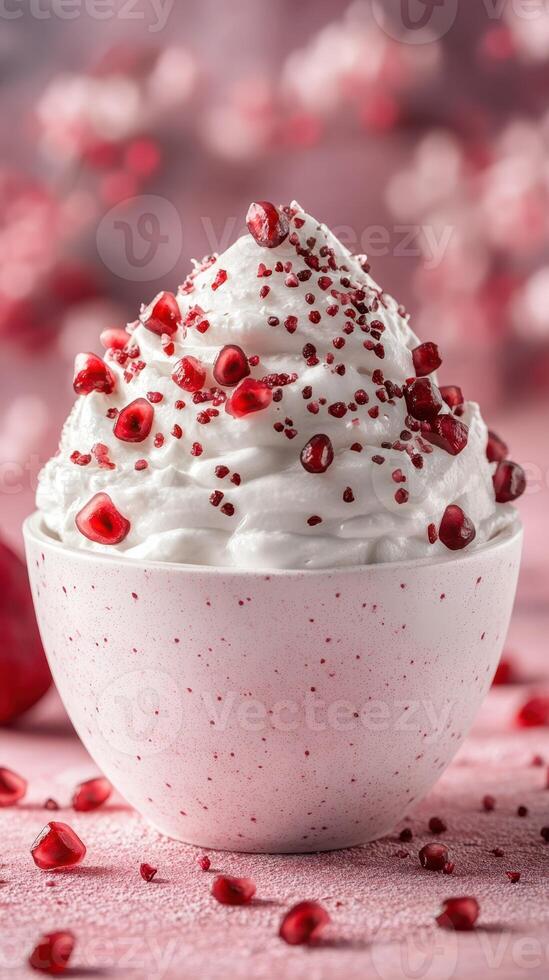 Delicious whipped cream topped with pomegranate seeds in a decorative bowl on a pink backdrop photo