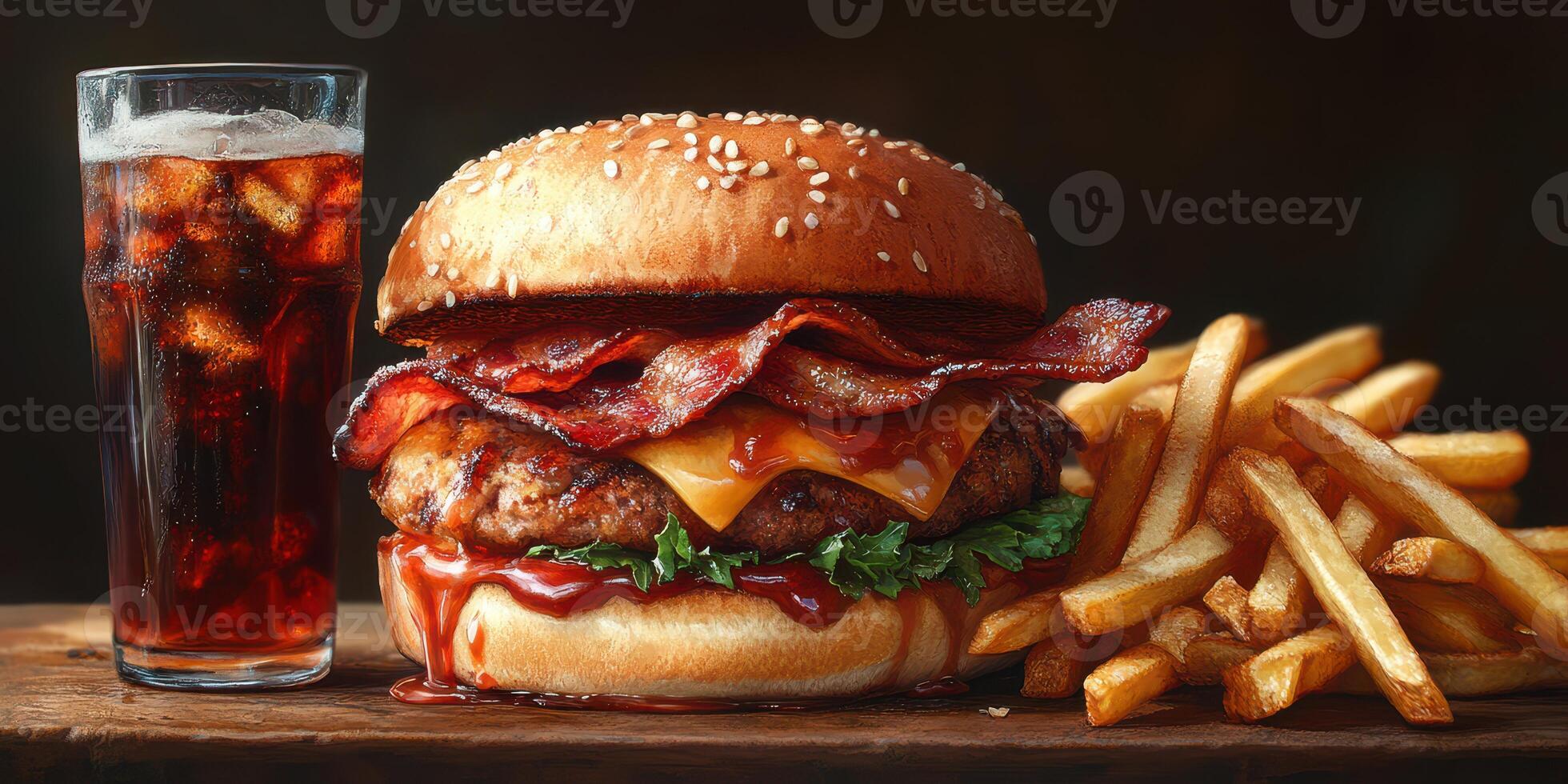 Juicy burger topped with crispy bacon served with fries and a refreshing drink on a wooden surface photo