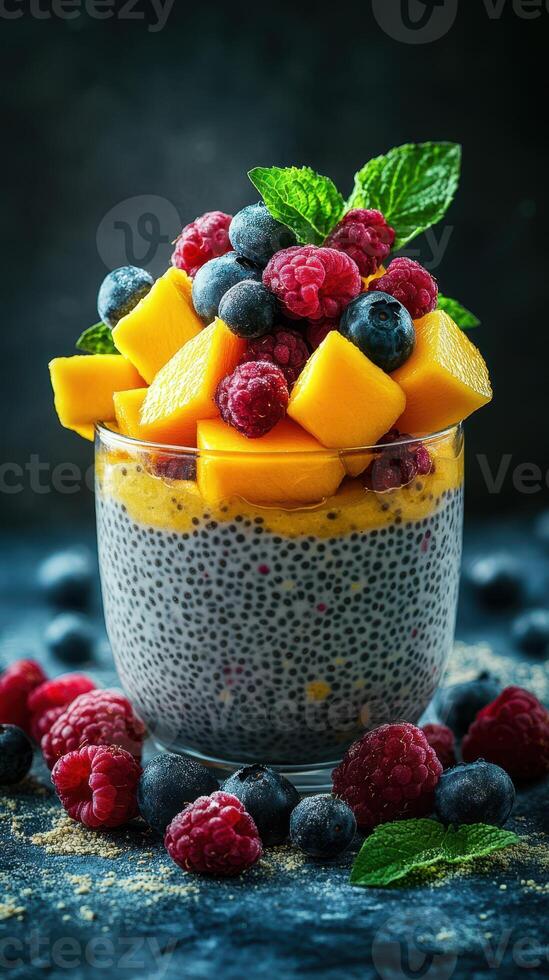 Colorful chia seed pudding topped with fresh berries and mango in a glass cup on a dark background, perfect for a healthy dessert photo