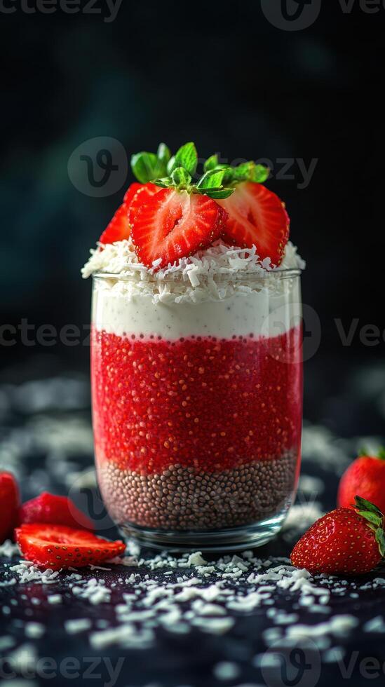 Delightful dessert featuring layers of strawberry, coconut, and chia seed, served in a glass with fresh fruit on a dark background photo