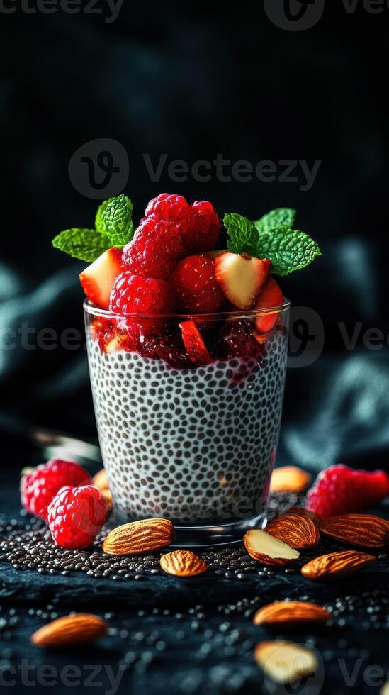 Chia pudding topped with fresh raspberries and strawberries in a glass bowl surrounded by almonds photo