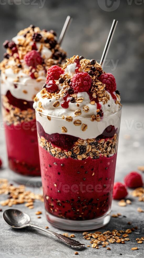 Delicious layered dessert featuring raspberry, granola, and cream served in a glass cup on a textured background photo