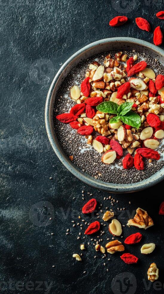 Healthy chia seed pudding topped with nuts and goji berries in a stylish bowl on a dark surface photo