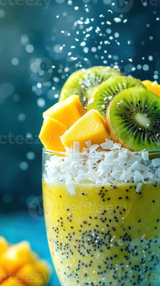 Refreshing tropical smoothie bowl topped with fresh fruit and coconut flakes on a vibrant background photo