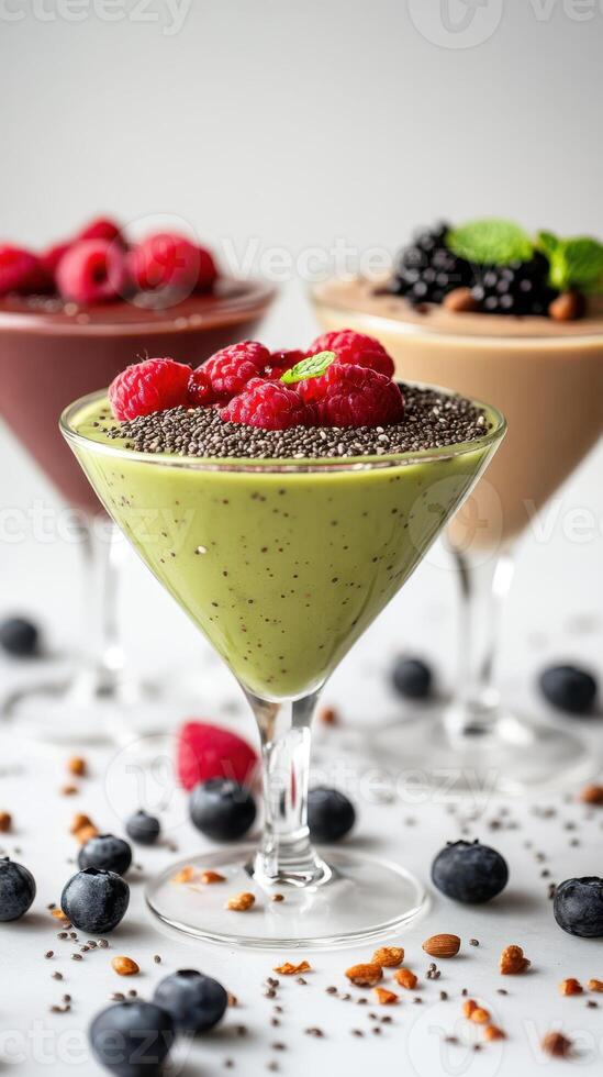 Colorful dessert cups filled with creamy delights topped with fresh berries and chia seeds on a light backdrop photo