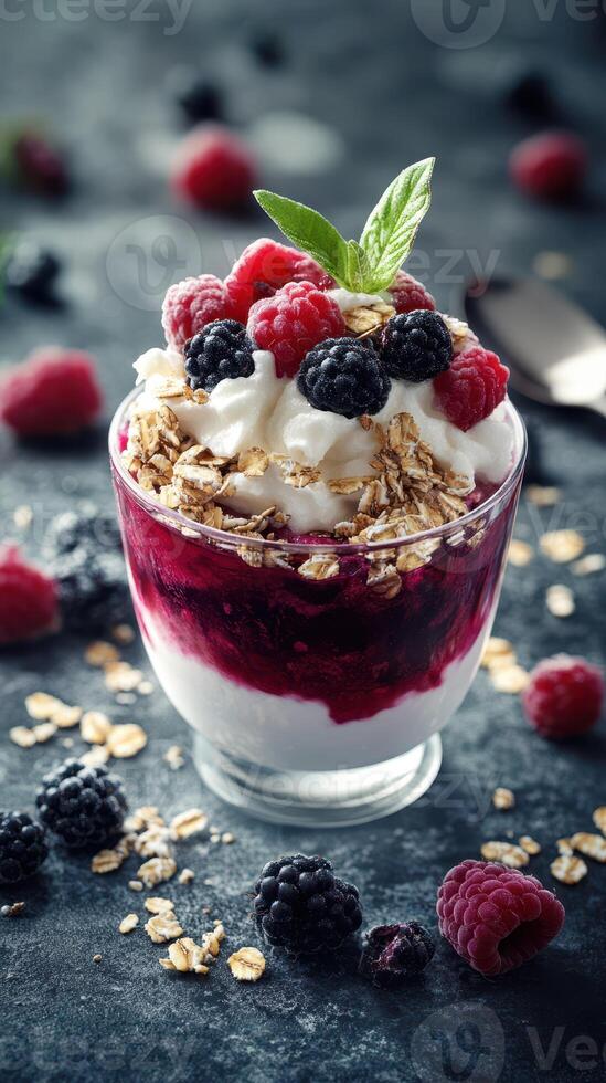 Delicious layer of yogurt, berries, and granola served in a glass bowl showing vibrant colors photo