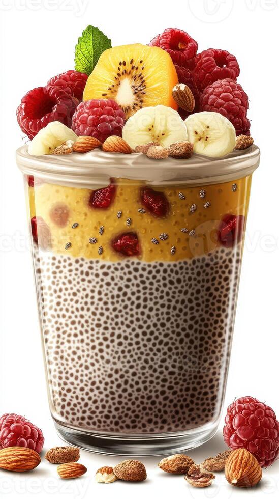 Delicious chia seed pudding topped with fresh fruits and nuts for a healthy snack option photo
