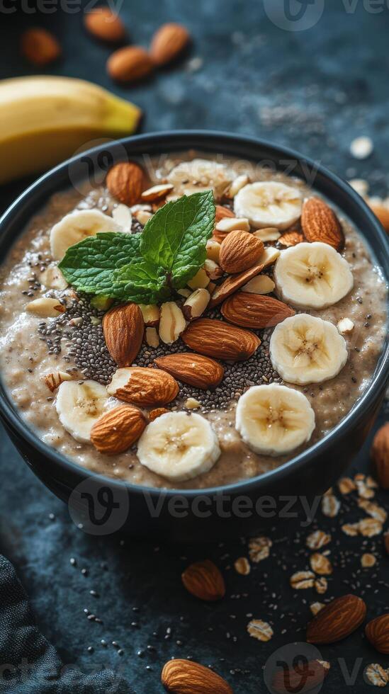 Healthy breakfast bowl with oats, banana slices, nuts, and seeds on a dark wooden table photo