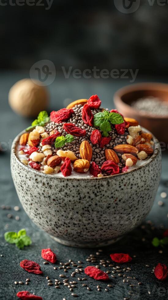 Healthy breakfast bowl filled with nuts, seeds, and dried fruits on a dark surface photo