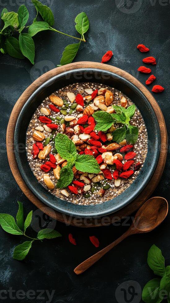 Healthy bowl of chia seeds topped with nuts and goji berries, beautifully arranged for a nutritious breakfast option photo