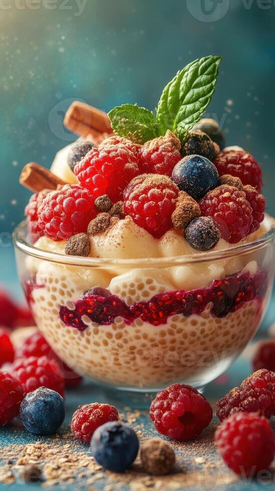 Delicious dessert creation featuring fresh berries, cream, and spices with vibrant colors and textures photo