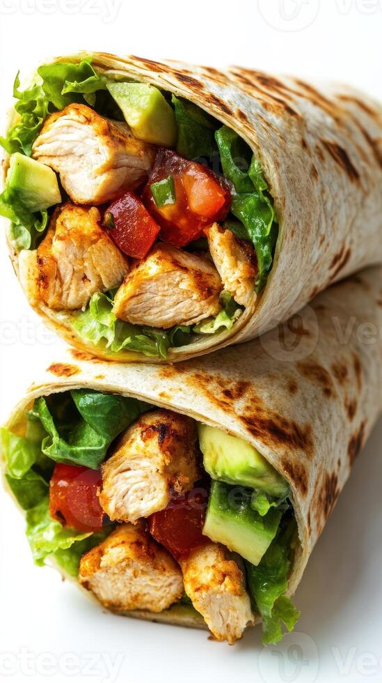 Delicious chicken wraps filled with fresh vegetables and flavorful spices ready to be enjoyed photo