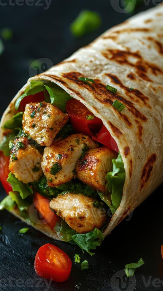 Chicken wrap filled with fresh vegetables and herbs enjoyed on a dark surface during a casual meal photo