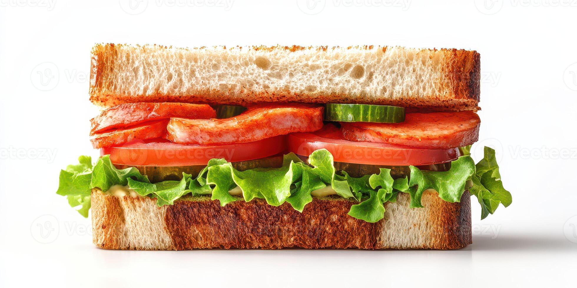 Freshly made sandwich with layers of vegetables and meat served on toasted bread photo