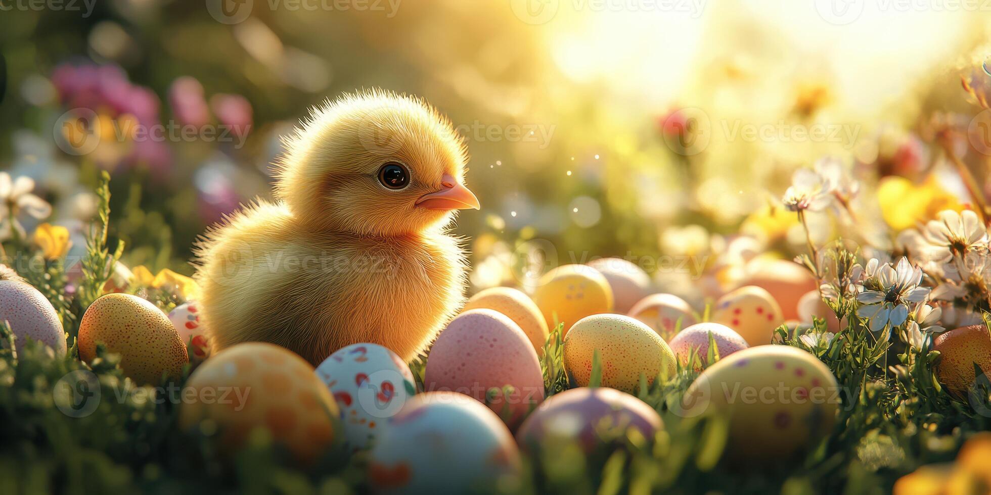 Charming yellow chick surrounded by colorful Easter eggs in a sunlit garden during springtime photo