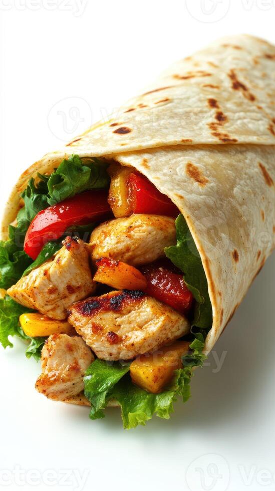 Delicious chicken wrap loaded with fresh vegetables and vibrant colors for a appetizing meal option photo