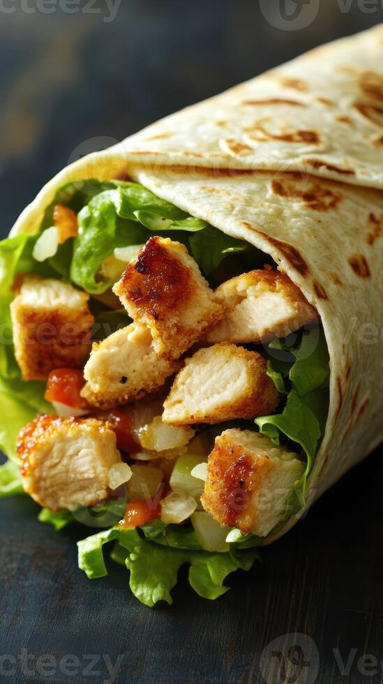 Delicious grilled chicken wrap filled with fresh vegetables on a rustic wooden table photo