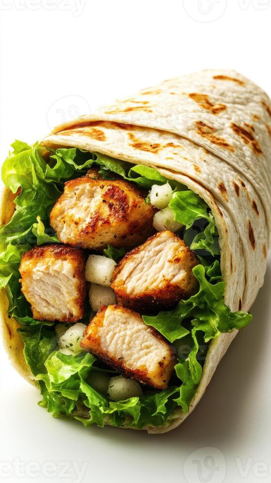 Fresh chicken wrap filled with crisp lettuce and savory ingredients in a tortilla photo