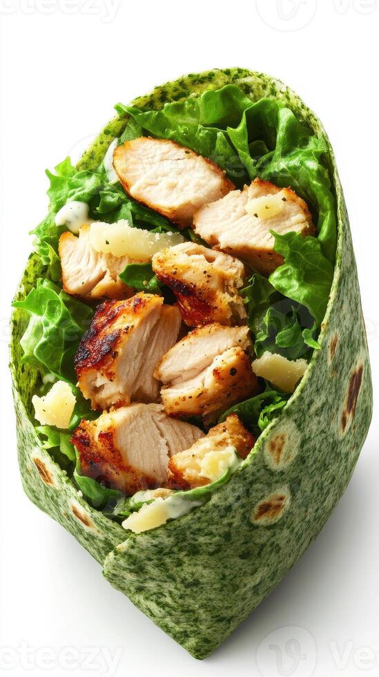 Delicious spinach wrap filled with grilled chicken, fresh lettuce, and creamy dressing ready for a healthy meal photo