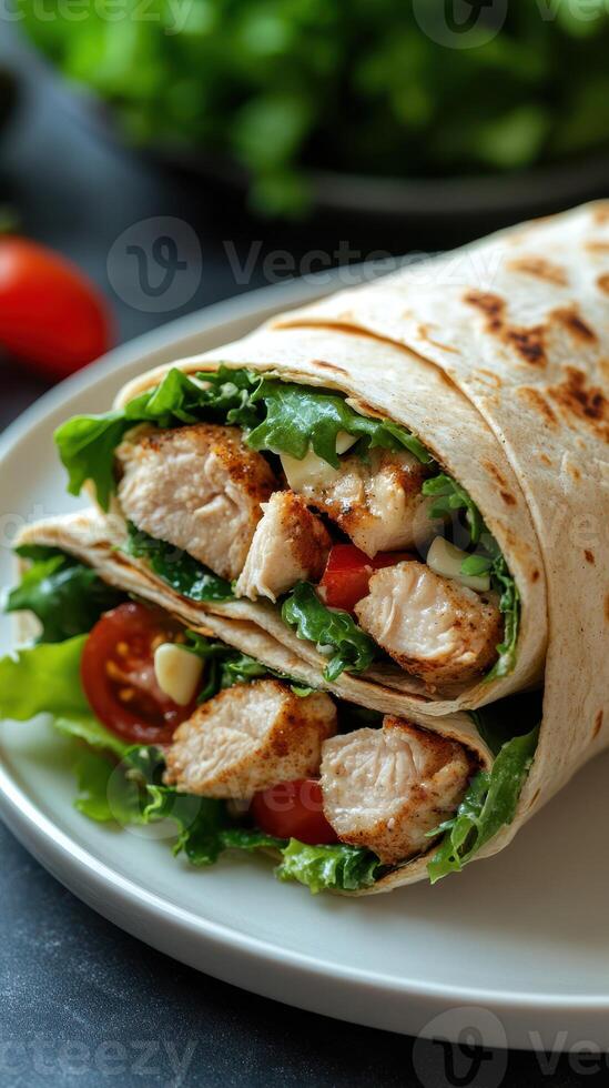 Delicious grilled chicken wrap with fresh lettuce and tomatoes ready to enjoy at lunch or dinner photo