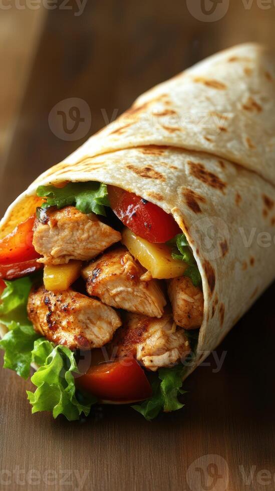 Delicious grilled chicken wrap filled with fresh vegetables and vibrant colors ready to enjoy photo