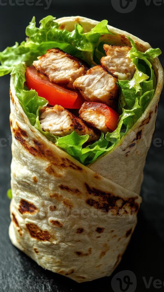 Fresh chicken wrap loaded with lettuce and tomatoes on a dark background ready to enjoy photo