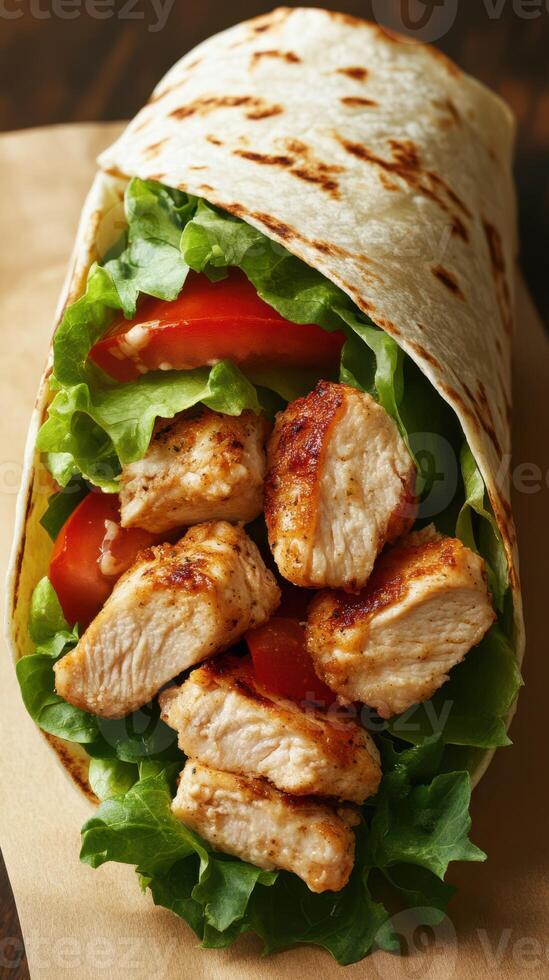 Grilled chicken wrap filled with fresh greens and tomatoes prepared for a healthy meal at lunchtime photo