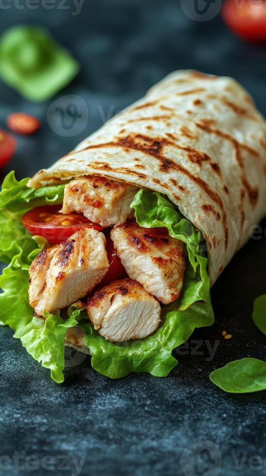 Grilled chicken wrap filled with fresh lettuce and tomatoes on a textured black surface photo