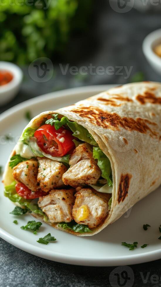 Delicious chicken burrito wrapped in a tortilla with fresh vegetables at a dining table photo