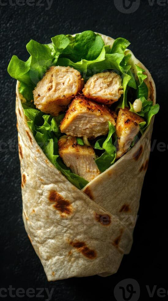 Freshly made wrap with grilled chicken and leafy greens prepared for a delicious meal photo