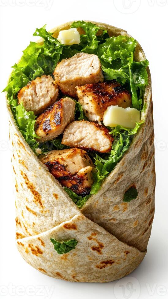 Fresh grilled chicken wrap filled with lettuce and cheese, showcasing a healthy meal option for lunch or dinner photo