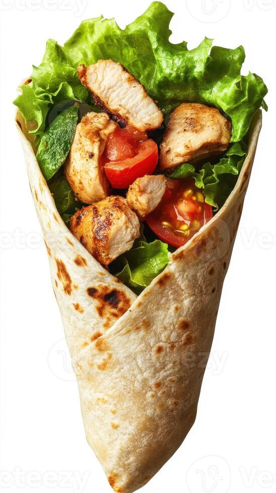 Fresh chicken wrap filled with crisp lettuce and ripe tomatoes served in a soft tortilla photo