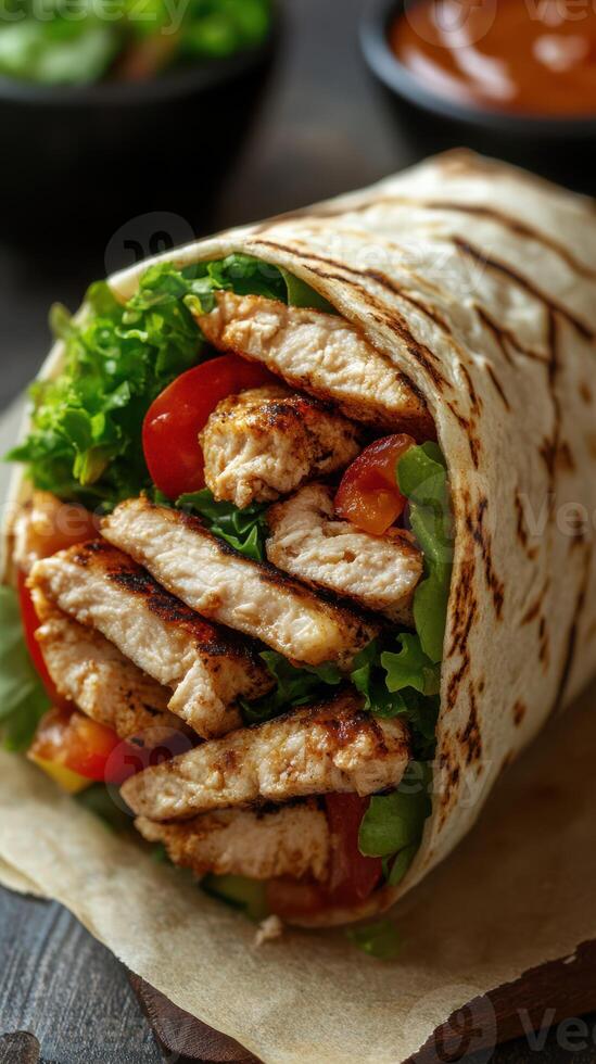 Freshly grilled chicken wrap with vibrant vegetables served on a wooden table photo