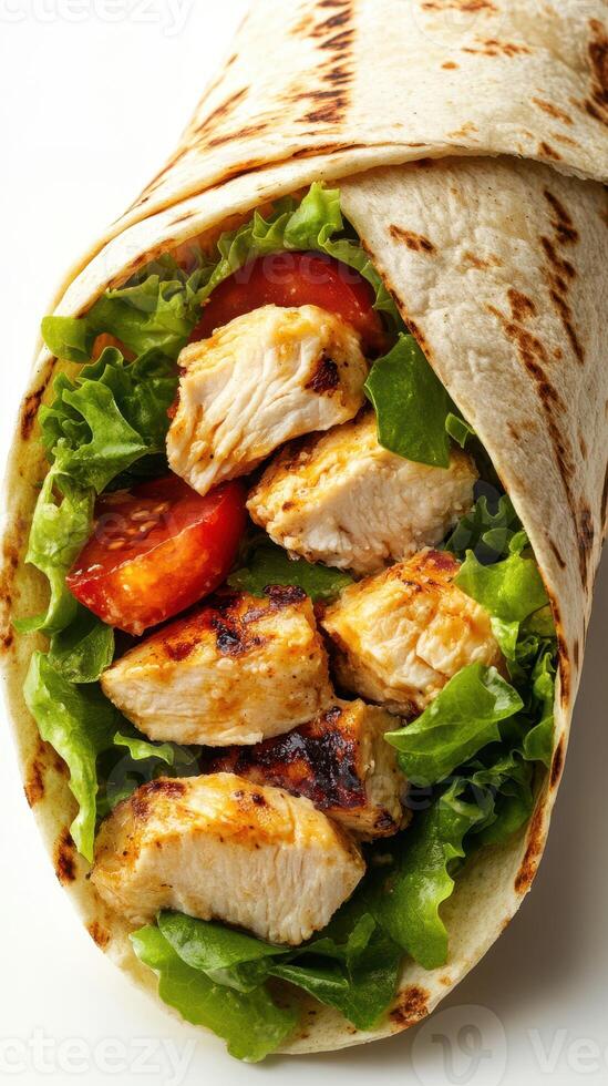 Grilled chicken wrap with fresh lettuce and tomatoes served in a soft tortilla photo