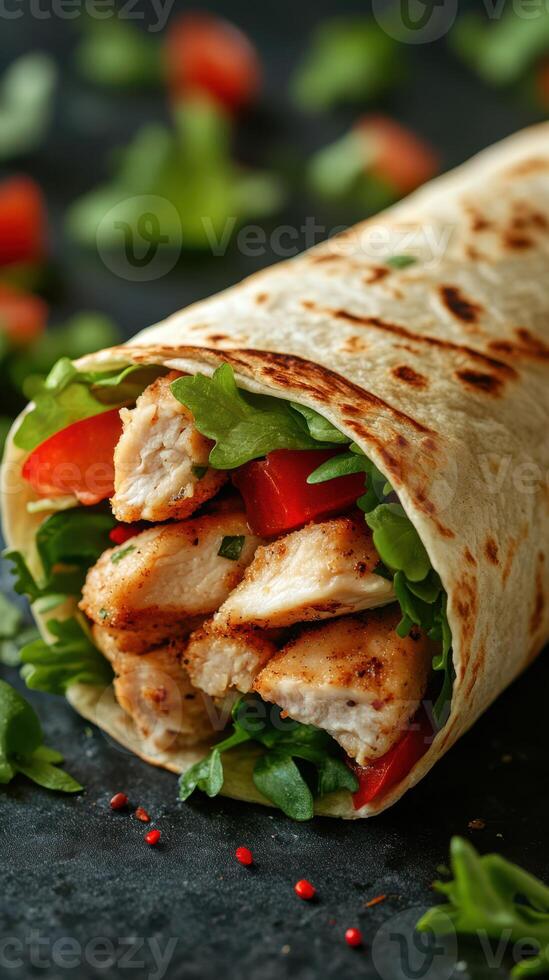 Fresh tortilla wrap with grilled chicken and vegetables prepared in a kitchen setting photo