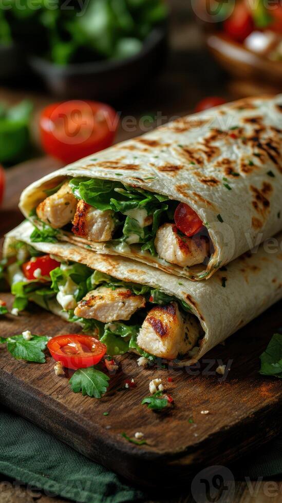 Delicious grilled chicken wrap prepared with fresh greens and cherry tomatoes on a rustic wooden table in a cozy kitchen setting photo