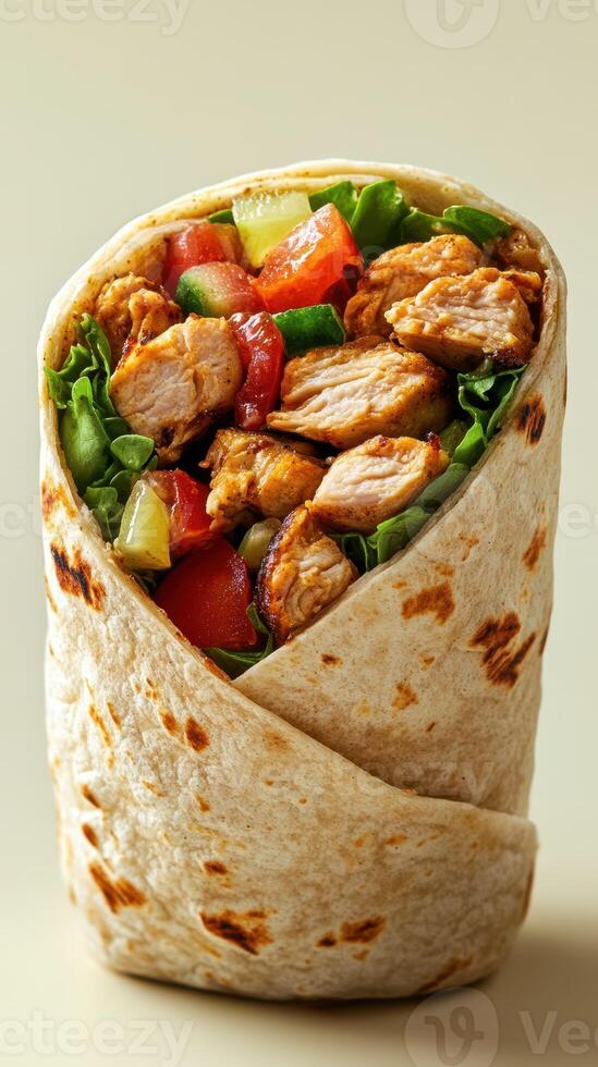 Delicious chicken wrap filled with fresh vegetables and flavorful spices served on a warm tortilla photo