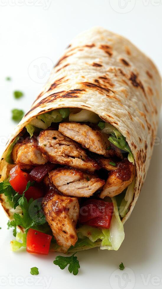 Grilled chicken wrap with fresh vegetables served on a clean white background photo