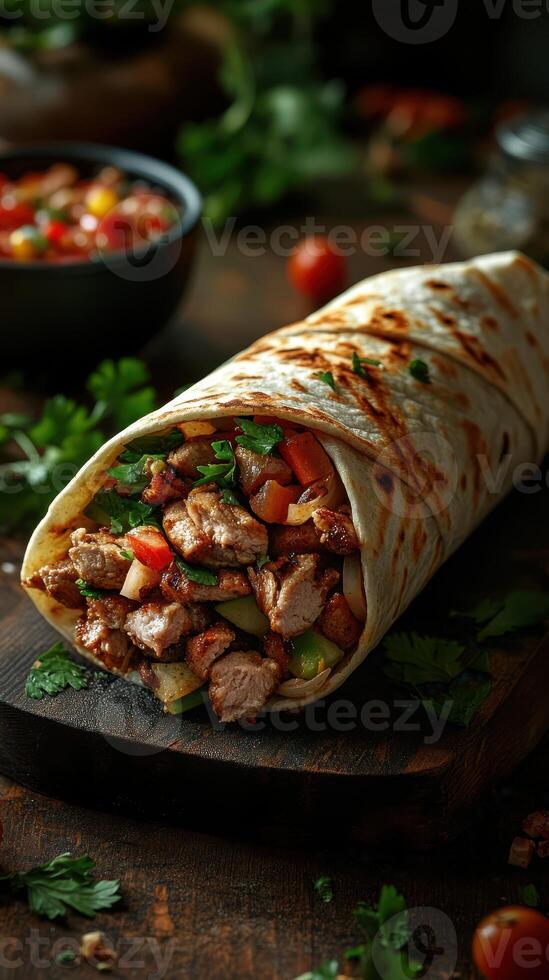 Delicious wrap filled with grilled meat and fresh vegetables on wooden background photo