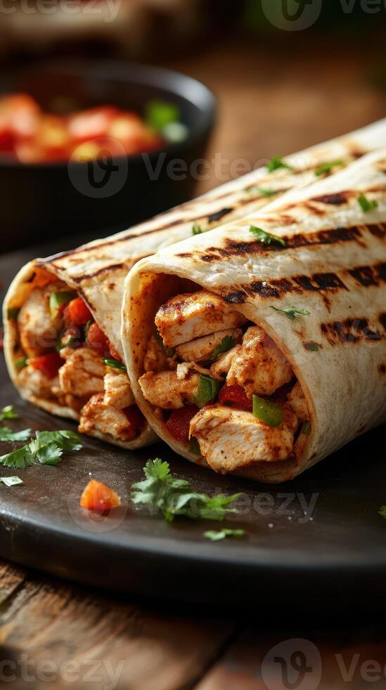 Grilled chicken wraps filled with fresh vegetables served on a rustic wooden table photo