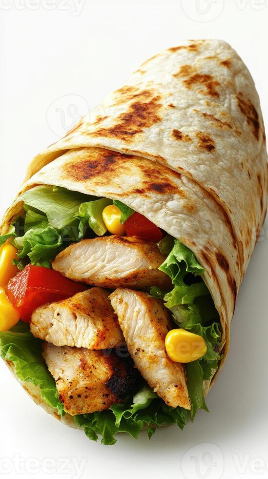 Freshly made chicken wrap filled with vibrant vegetables and wrapped in warm flatbread photo